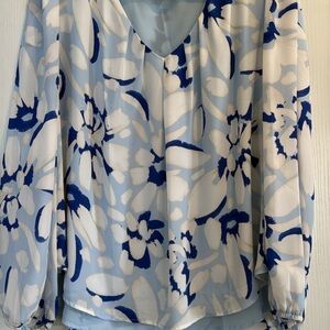 LOFT Floral Blouse in Blue and Cream